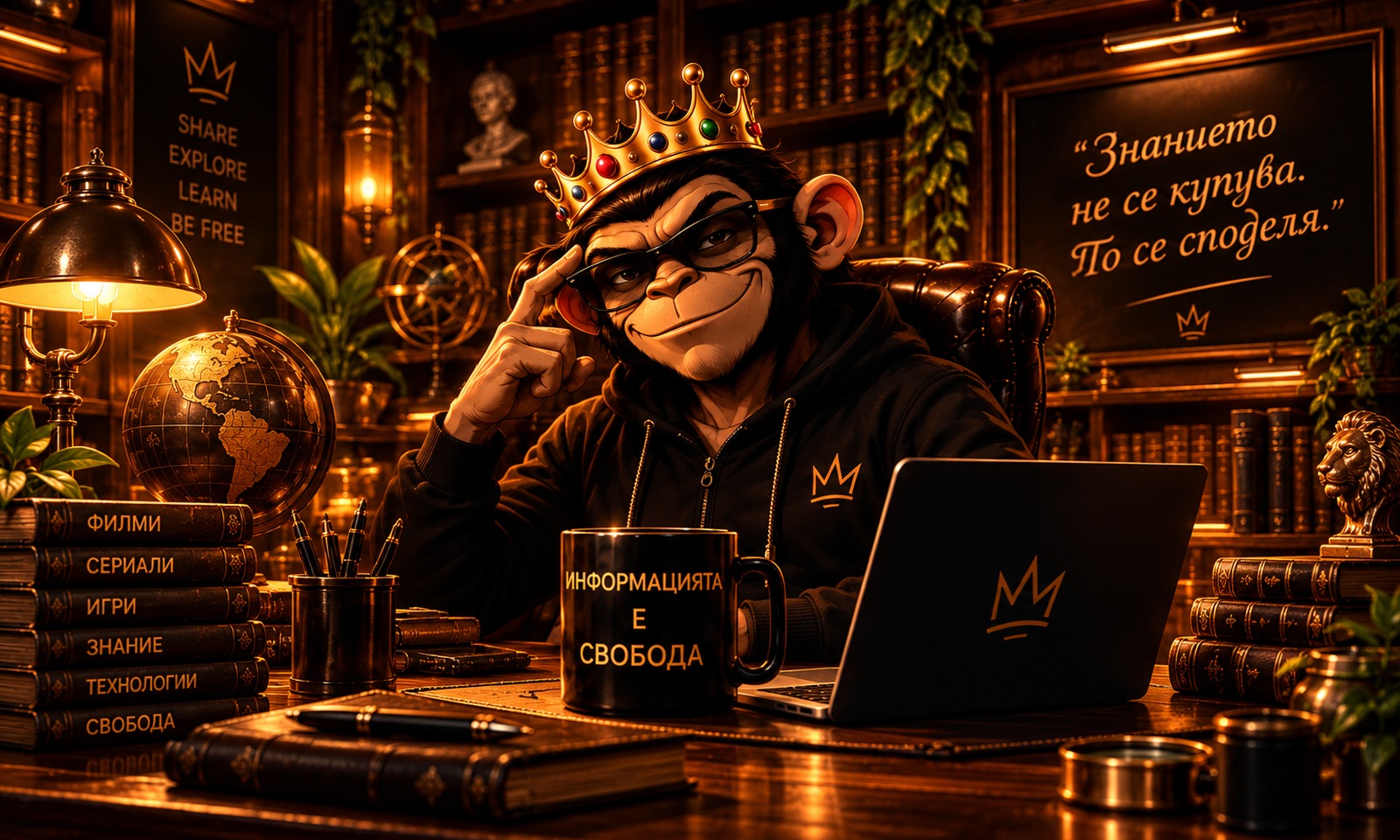 Crowned Maimuna mascot wearing sunglasses